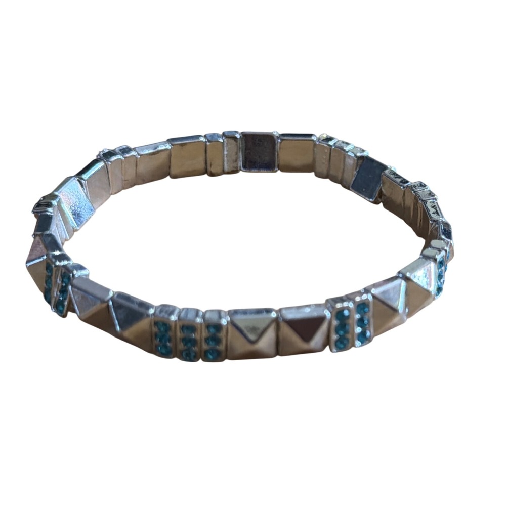 Silver Tone Pyramid Stud Teal Rhinestone Stretch Bracelet Geometric Edgy